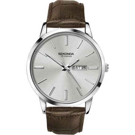 1661 Sekonda Brown Strap Round Watch Men's Clear Silver Dial With Day And Date Feature