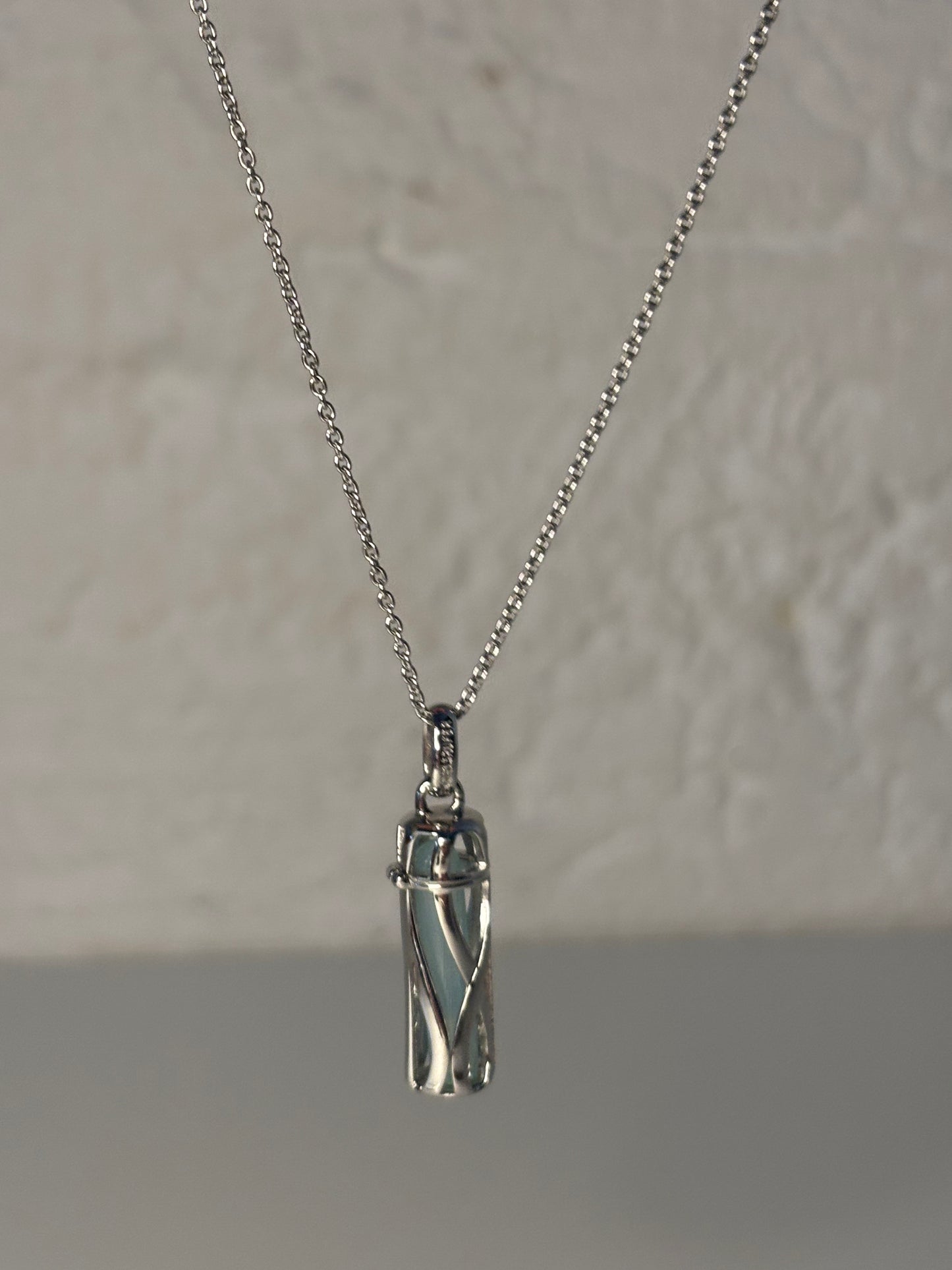 Sterling Silver and Aqua Crystal Pendant Thin Chain Necklace