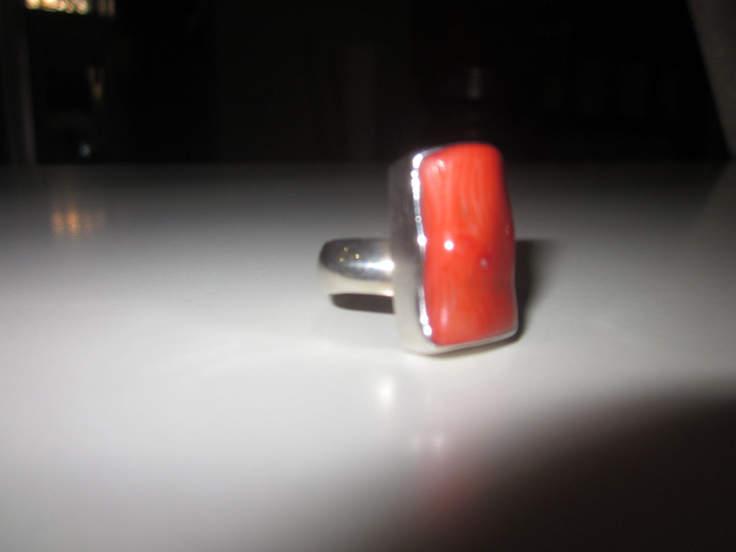 Sterling Silver Chunky Rectangular Red Coral Adjustable Ring