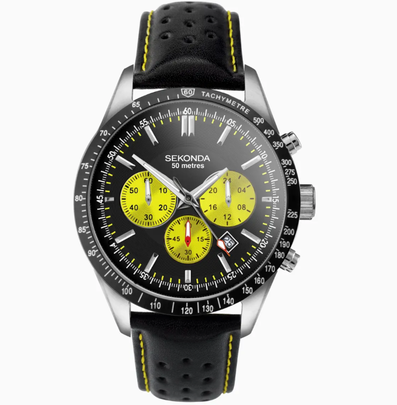 Sekonda Men's Watch Silver Case & Black Leather Strap with Black Dial