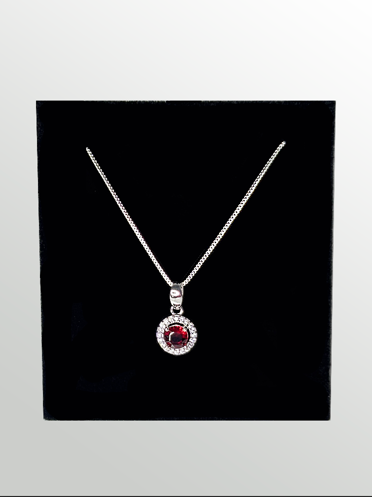 Silver Round Red CZ Stone Necklace