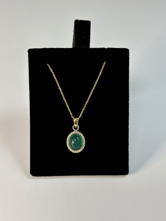 Gold Plated Thin Chain Necklace With Round Green Stone