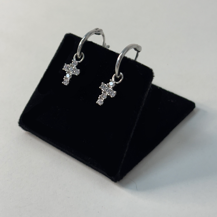Sterling Silver Dangly Cross Earrings With CZ Stones