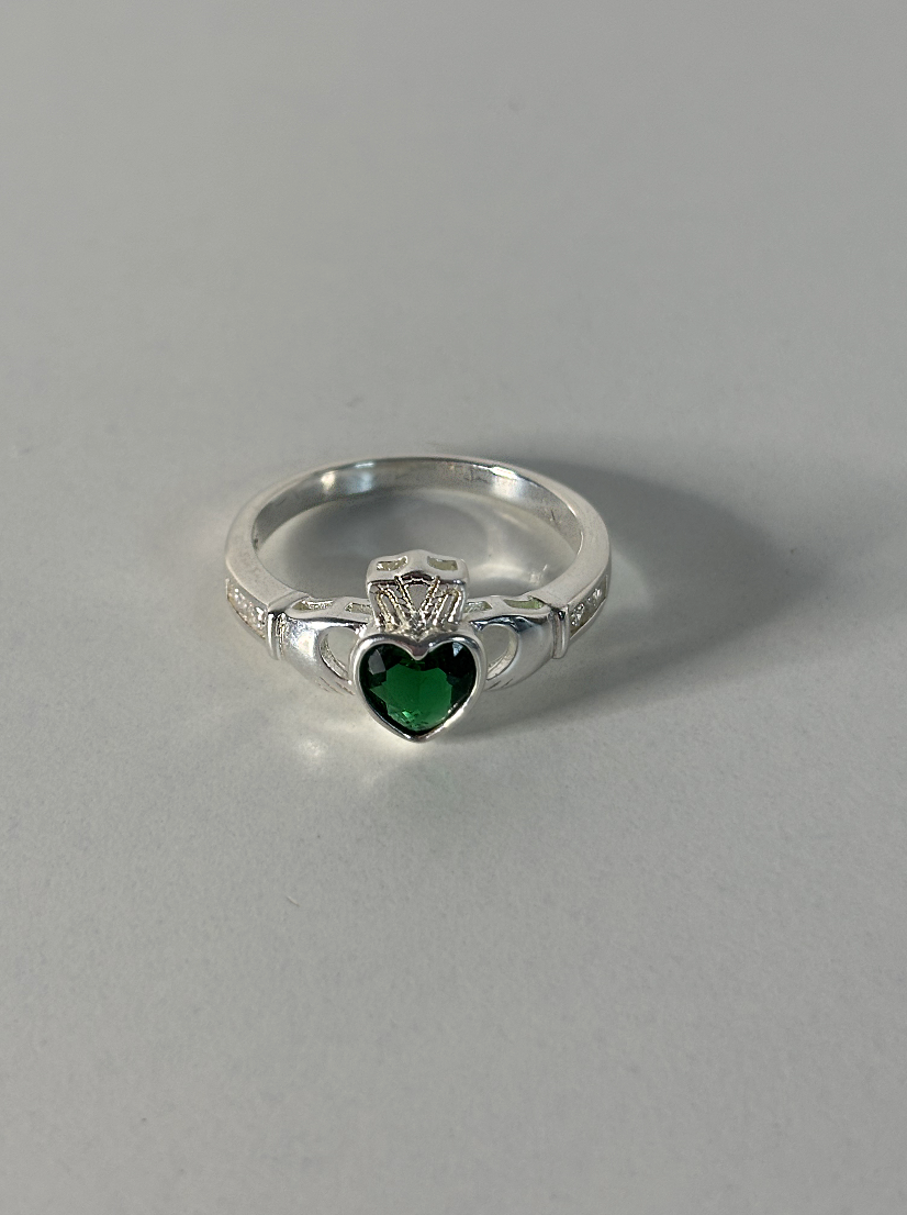 Sterling Silver Green CZ Claddagh Ring