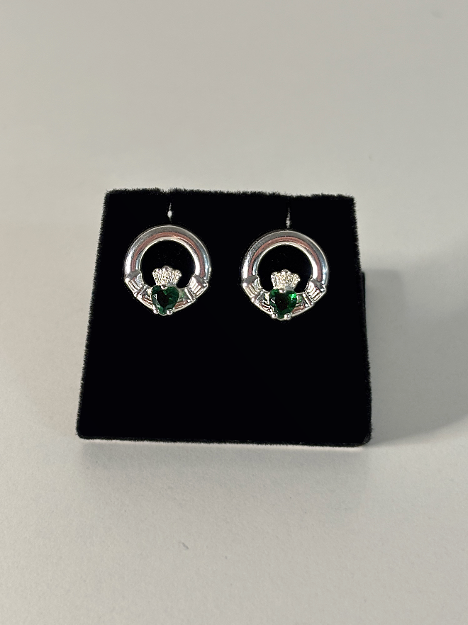 Sterling Silver with Green CZ Stone Claddagh Earrings