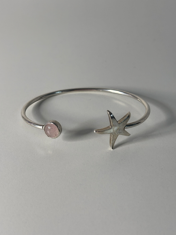 Sterling Silver Star Detail with Pink CZ Stone Bangle