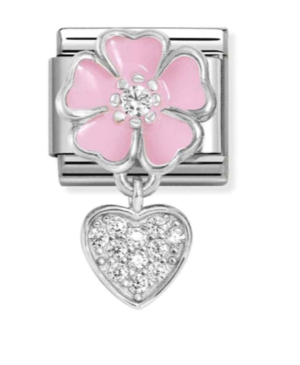 Nomination Classic Silver Pink Flower with Dangly Heart Charm 33181401