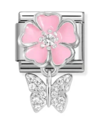 Nomination Classic Silver Pink Flower with Dangly Butterfly Charm 33181402
