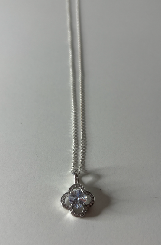 Sterling Silver Quatrefoil Shaped With CZ Pendant Necklace