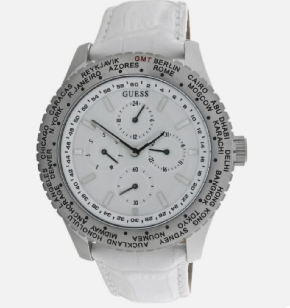 Guess White Croc Leather & Silver Tone International World Watch