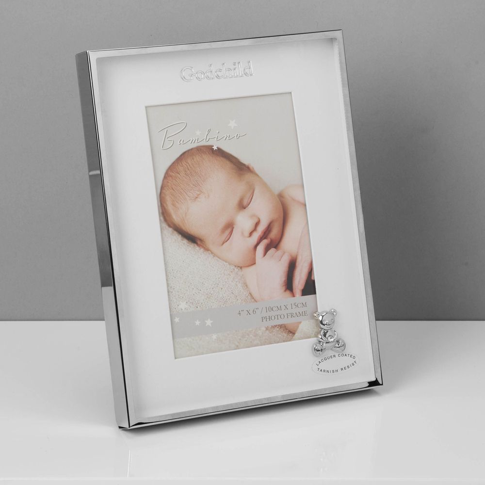 4" X 6" - BAMBINO SILVER EFFECT FRAME WITH TEDDY - GODCHILD