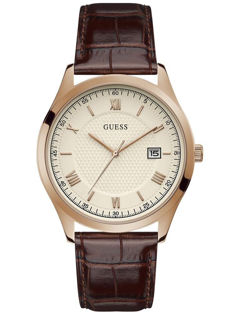 Guess Watch Mens Element GW0065G1 Rose Gold Case with Cream Dial Brown Leather Strap