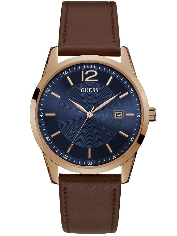 Guess Watch Mens Perry W1186G3 Rose Gold Case with Blue Trim Date Dial Brown Leather Strap