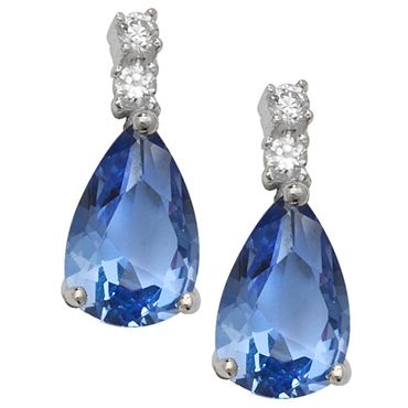 Silver CZ Blue Pear Shaped Drop Stud Earrings PLE279B