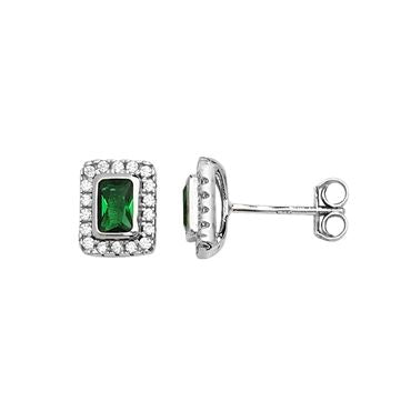 Silver Green Stone with CZ Stud Earrings
