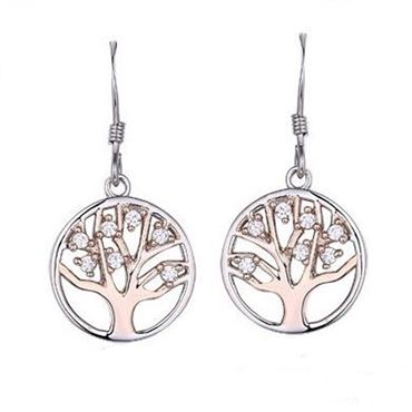 Silver & Rose Gold CZ Tree of Life  Drop Earrings PLE307C