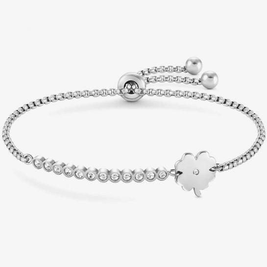 Nomination Milleluci Stainless Steel Clover Pave Half Bangle Toggle Bracelet 028008006