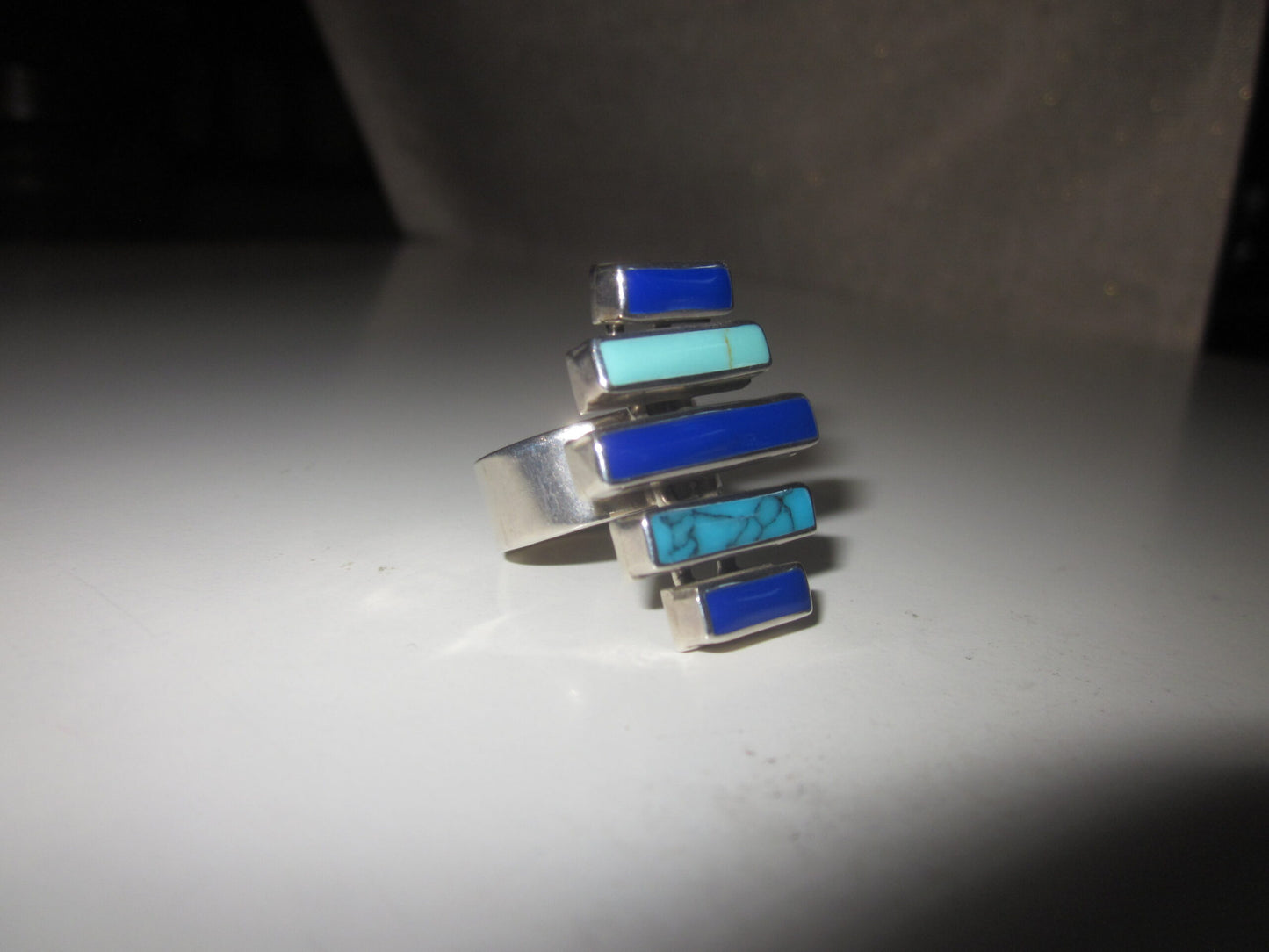 Sterling Silver Unusual Chunky Sky Navy Sea Blue Ring Size N