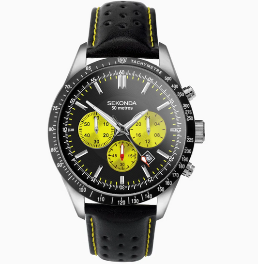 Sekonda Men's Watch Silver Case & Black Leather Strap with Black Dial
