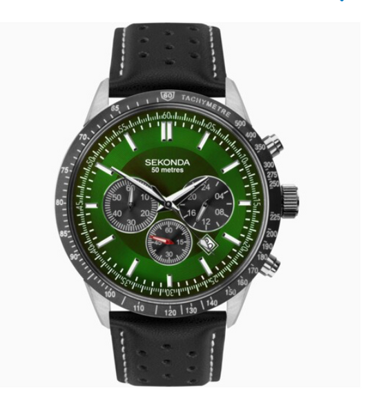 Sekonda Chronograph Quartz Green Dial Black Leather Strap Men's Watch 1937