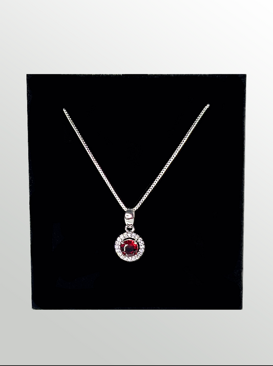 Silver Round Red CZ Stone Necklace