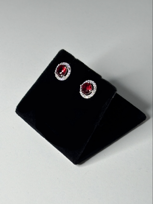 Silver Round Red CZ Stone Earrings