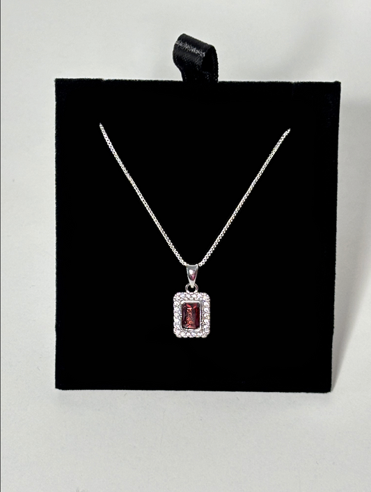 Silver Rectangular Red CZ Stone Necklace