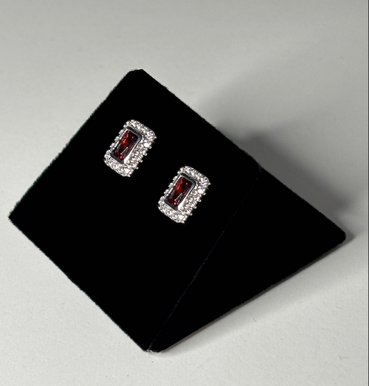 Silver Rectangular Red CZ Stone Earrings