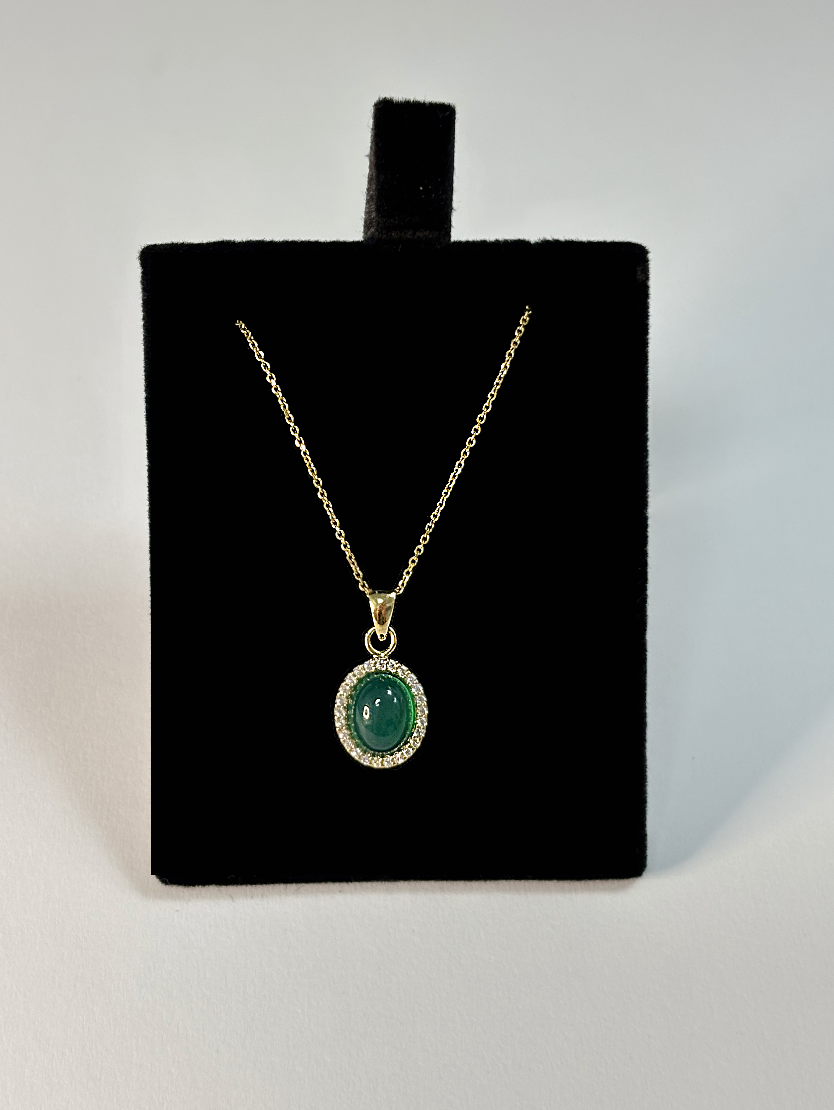 Gold Plated Thin Chain Necklace With Round Green Stone