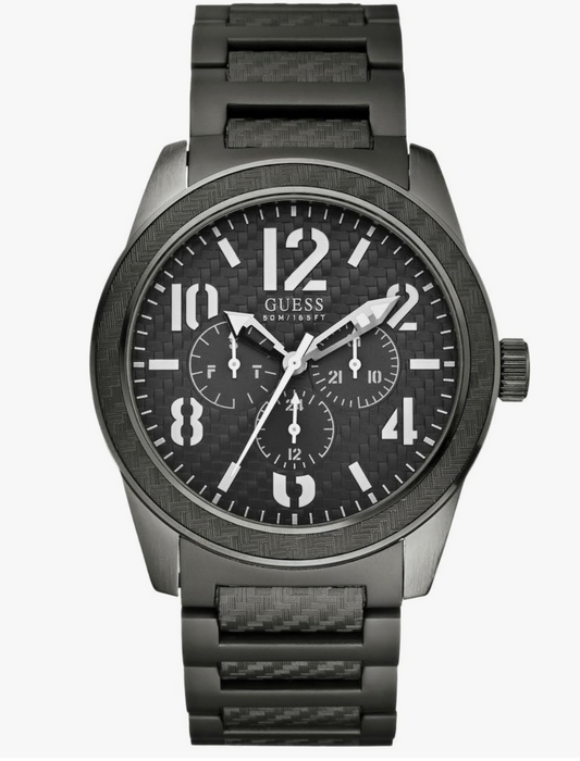 Guess Men's Quartz Watch with Black Dial Analogue Display and Grey Stainless Steel Strap