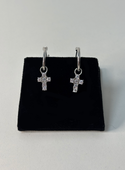 Sterling Silver Dangly Cross Earrings With CZ Stones