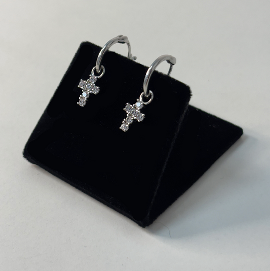 Sterling Silver Dangly Cross Earrings With CZ Stones
