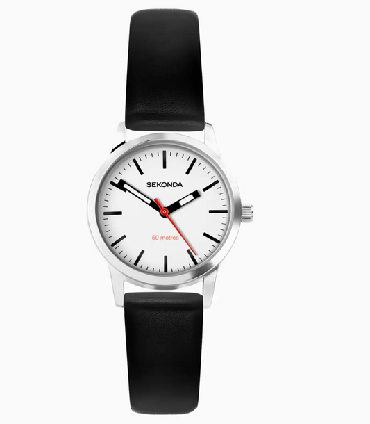 Sekonda Nordic Ladies Watch with Silver Case & Black Leather Strap with White Dial 40480