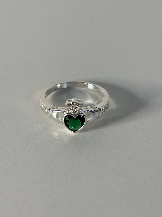 Sterling Silver Green CZ Claddagh Ring