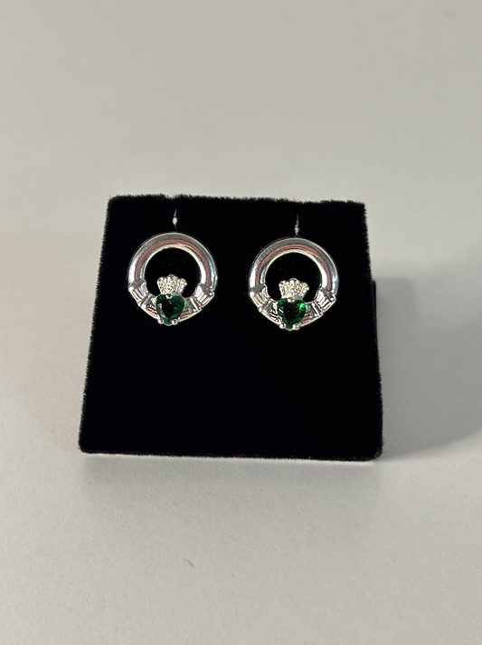 Sterling Silver with Green CZ Stone Claddagh Earrings
