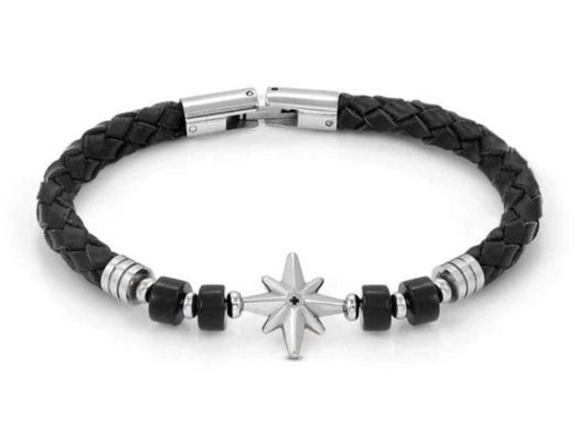 Nomination Atlante Steel & Leather Wind Rose Compass Agate Bracelet
