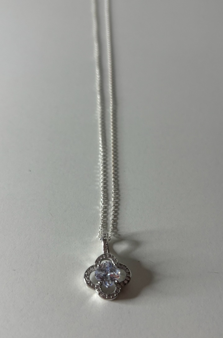 Sterling Silver Quatrefoil Shaped With CZ Pendant Necklace
