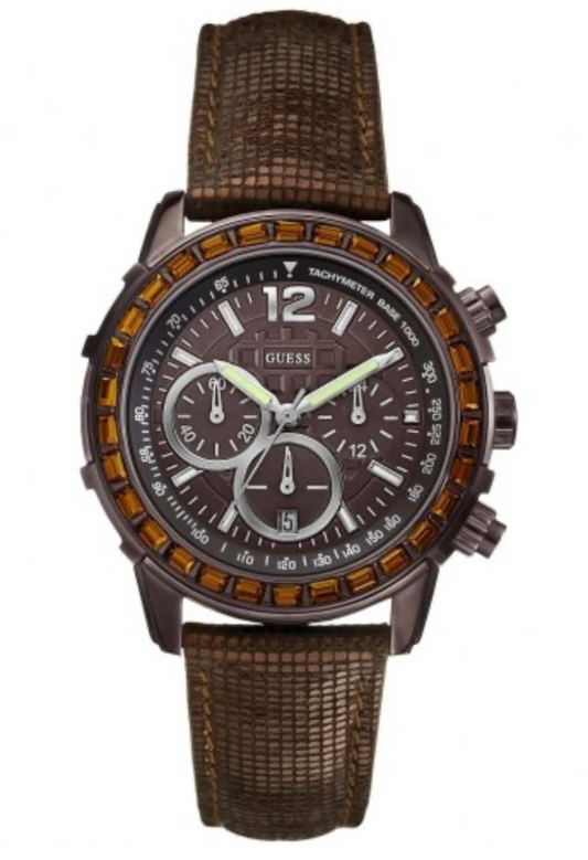 Guess Women's Quartz Analogue Watch-Brown Face-Brown Leather Strap