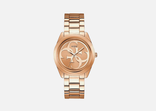 Guess Ladies Round Logo Dial Stainless Rosegold Band Dress Watch