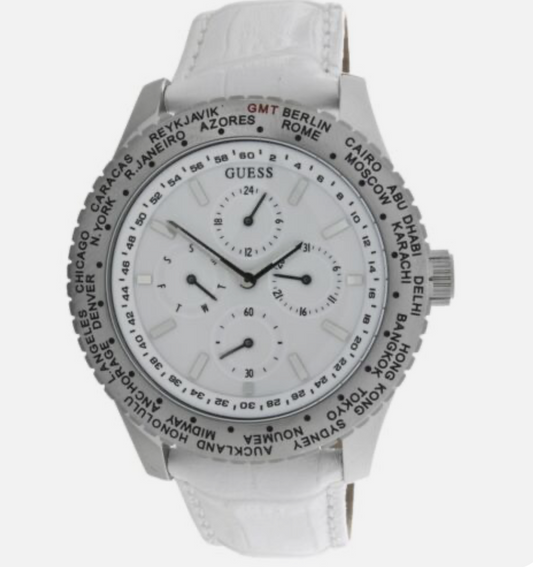 Guess White Croc Leather & Silver Tone International World Watch