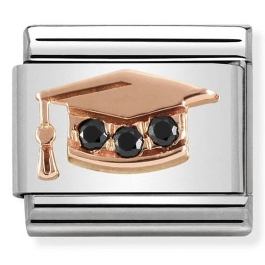 Nomination  Rose Gold Graduation Hat With Black CZ Charm Link 43030511