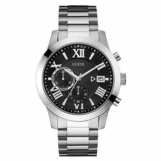 Guess Watch Atlas Men's W0668G3 Silver Case with Black Chronograph Dial.
