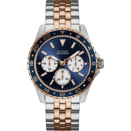 Guess Watch Mens Odyssey W1107G3 Silver Case with Blue Trim Date Dial Rose Gold
