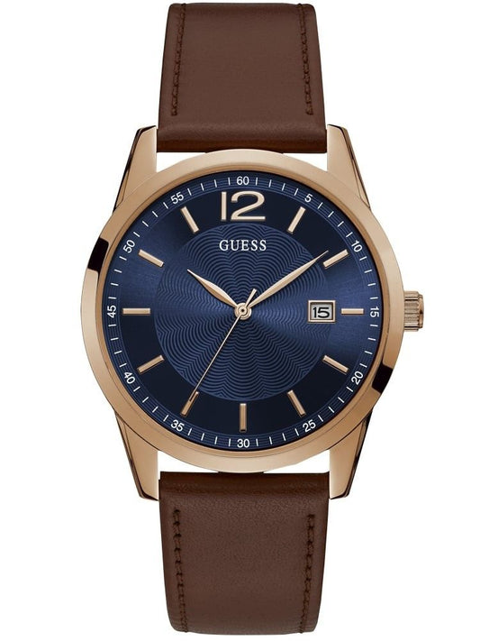 Guess Watch Mens Perry W1186G3 Rose Gold Case with Blue Trim Date Dial Brown Leather Strap