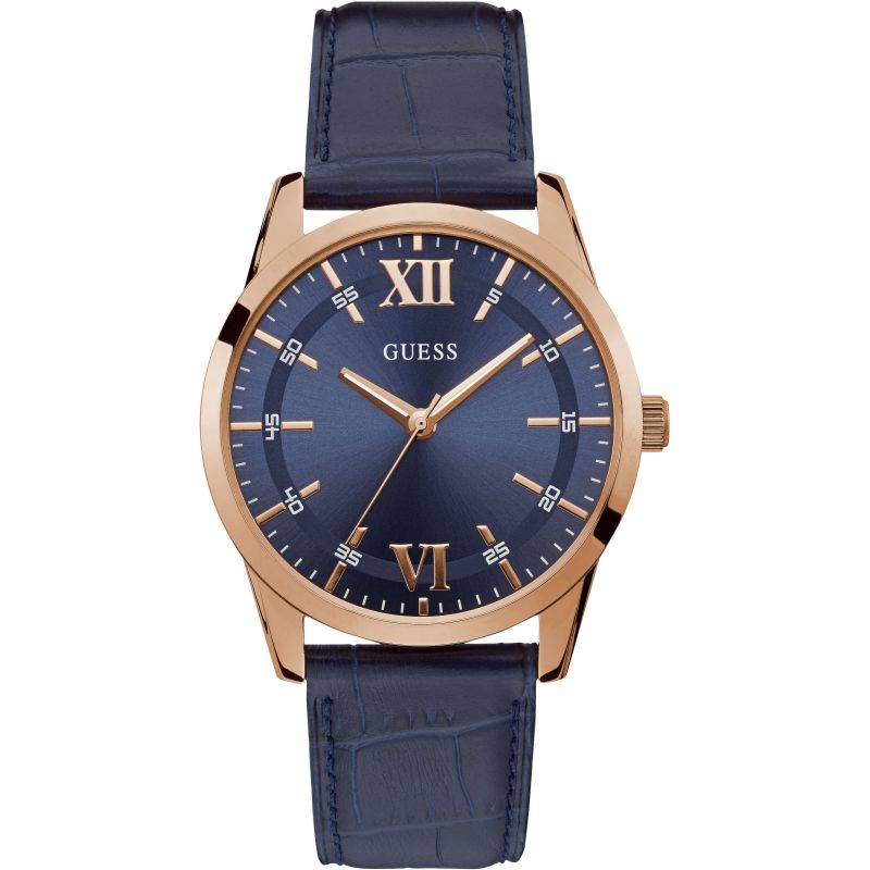 Guess Watch Mens Theo W1307G2 Rose Gold Case with Blue Trim Date Dial Leather Strap