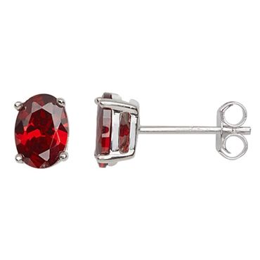 Silver CZ Oval Garnet Stud Earrings