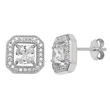 Silver CZ Square Stud Earrings PLE243A