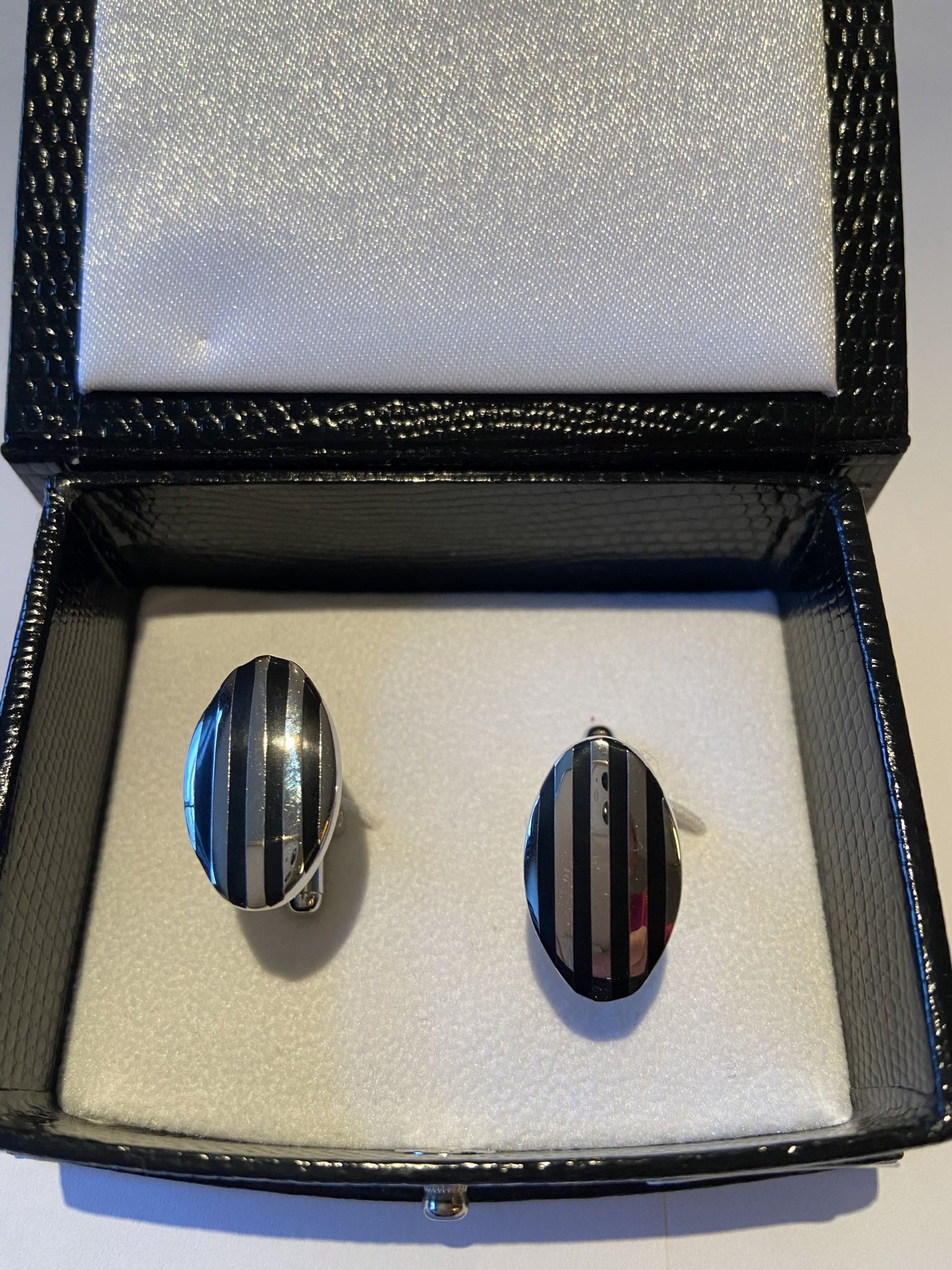 Silver Plated Oval Cufflinks with Black Lines